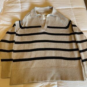Aerie V-Neck Sweater in Beige and Black Stripes